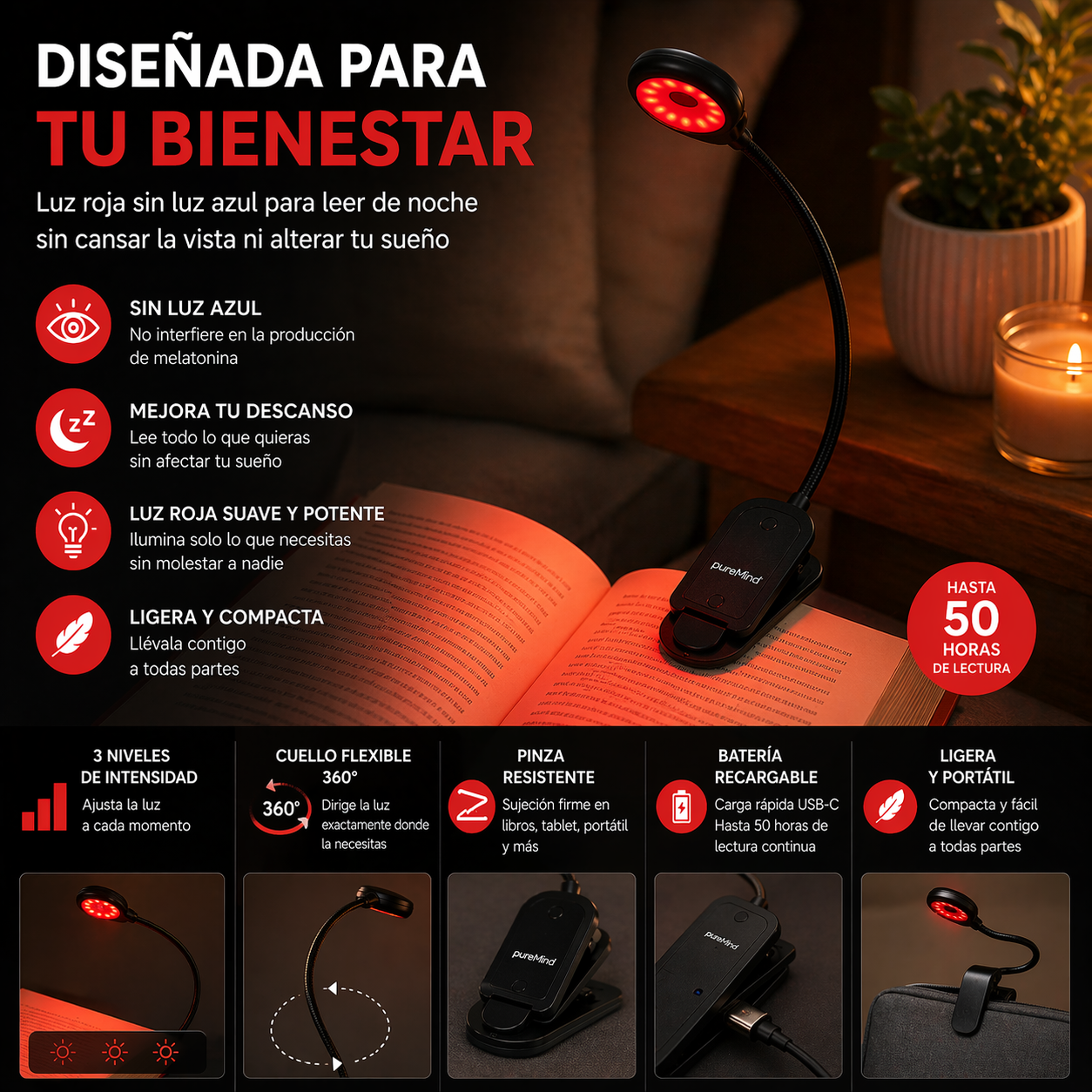 Luz de Lectura Roja Recargable