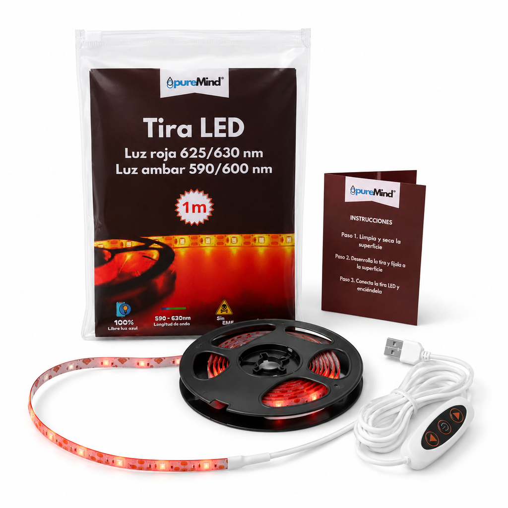 Tira LED PureMind Luz Roja / Luz Ámbar 1m – Iluminación Nocturna Sin Luz Azul