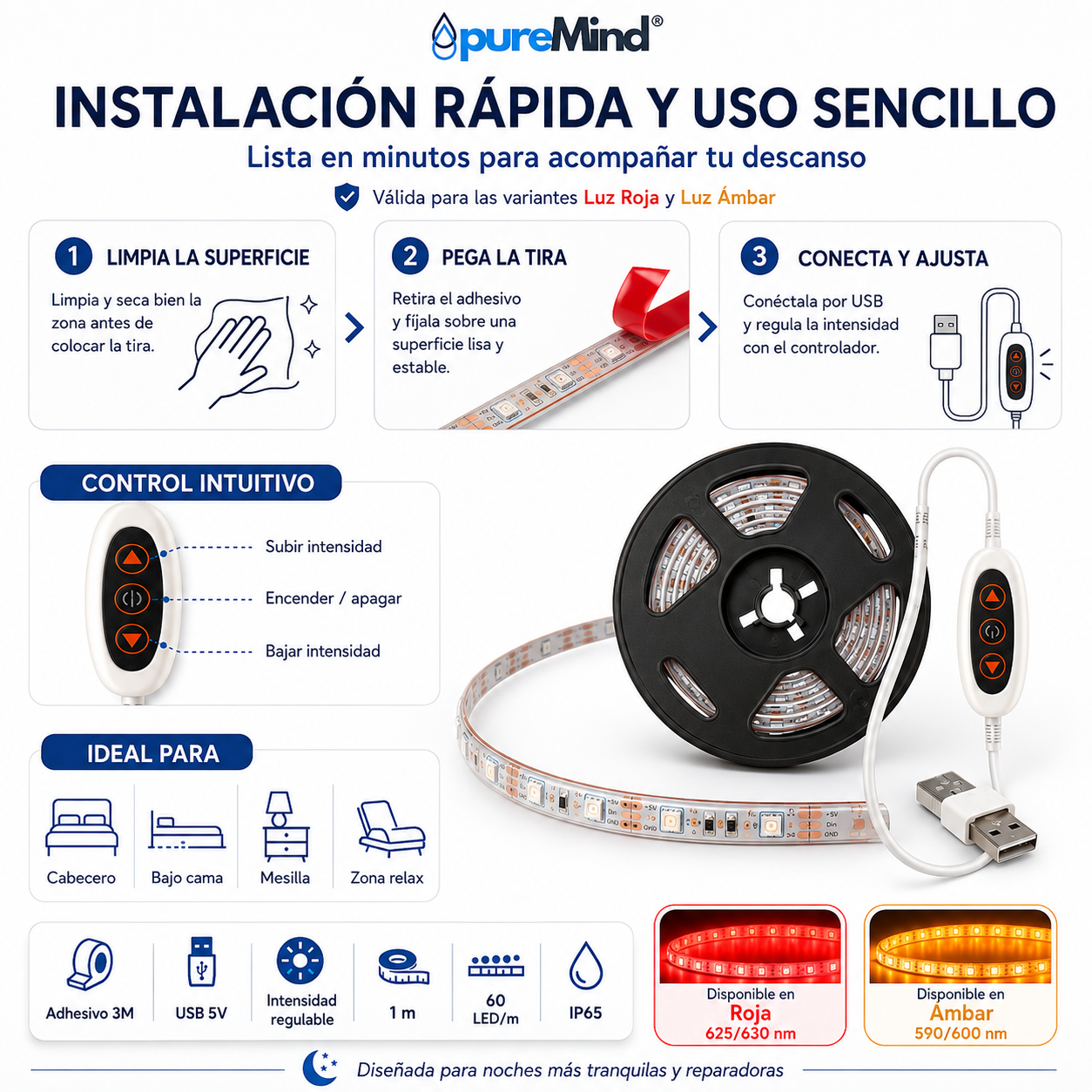 Tira LED PureMind Luz Roja / Luz Ámbar 1m – Iluminación Nocturna Sin Luz Azul