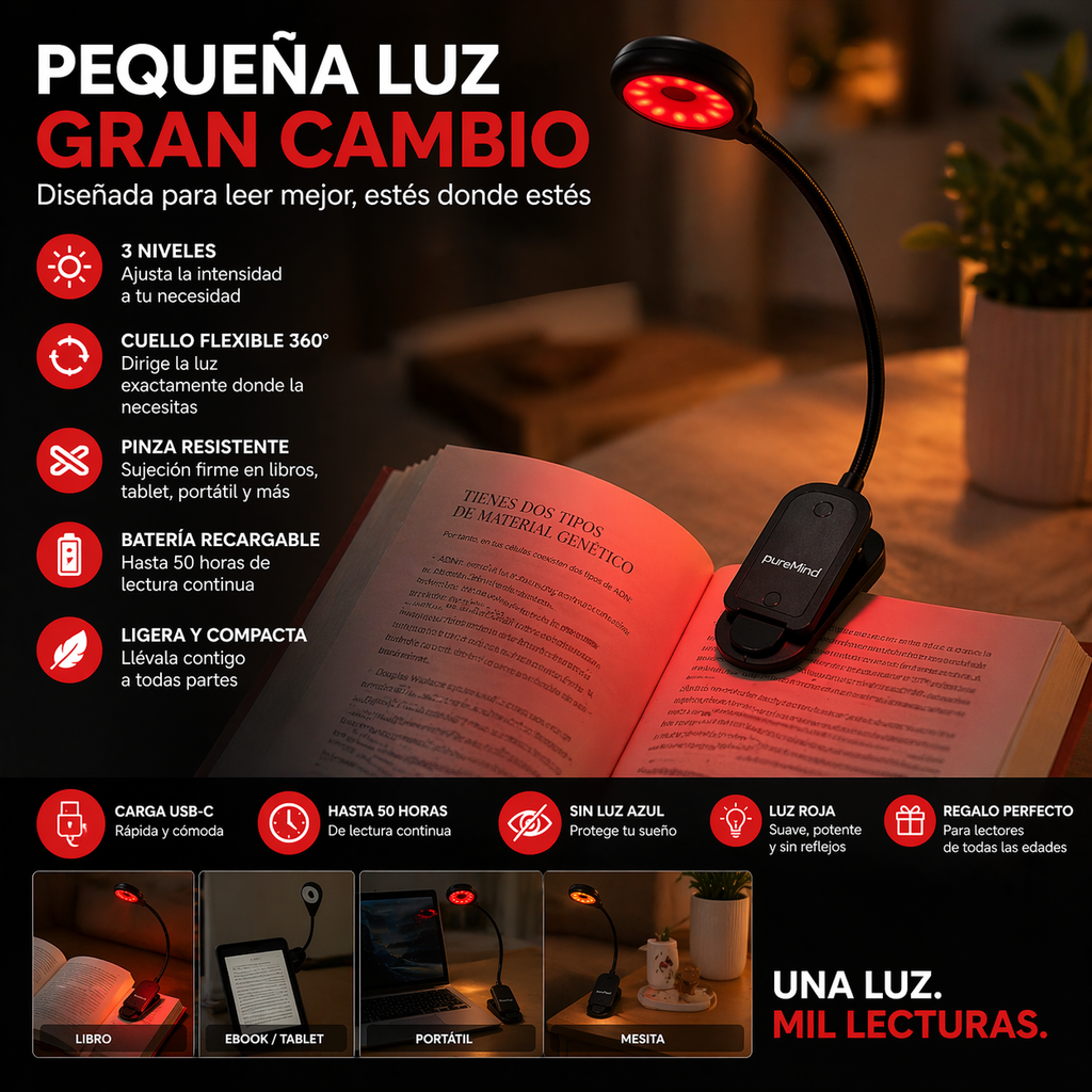 Luz de Lectura Roja Recargable