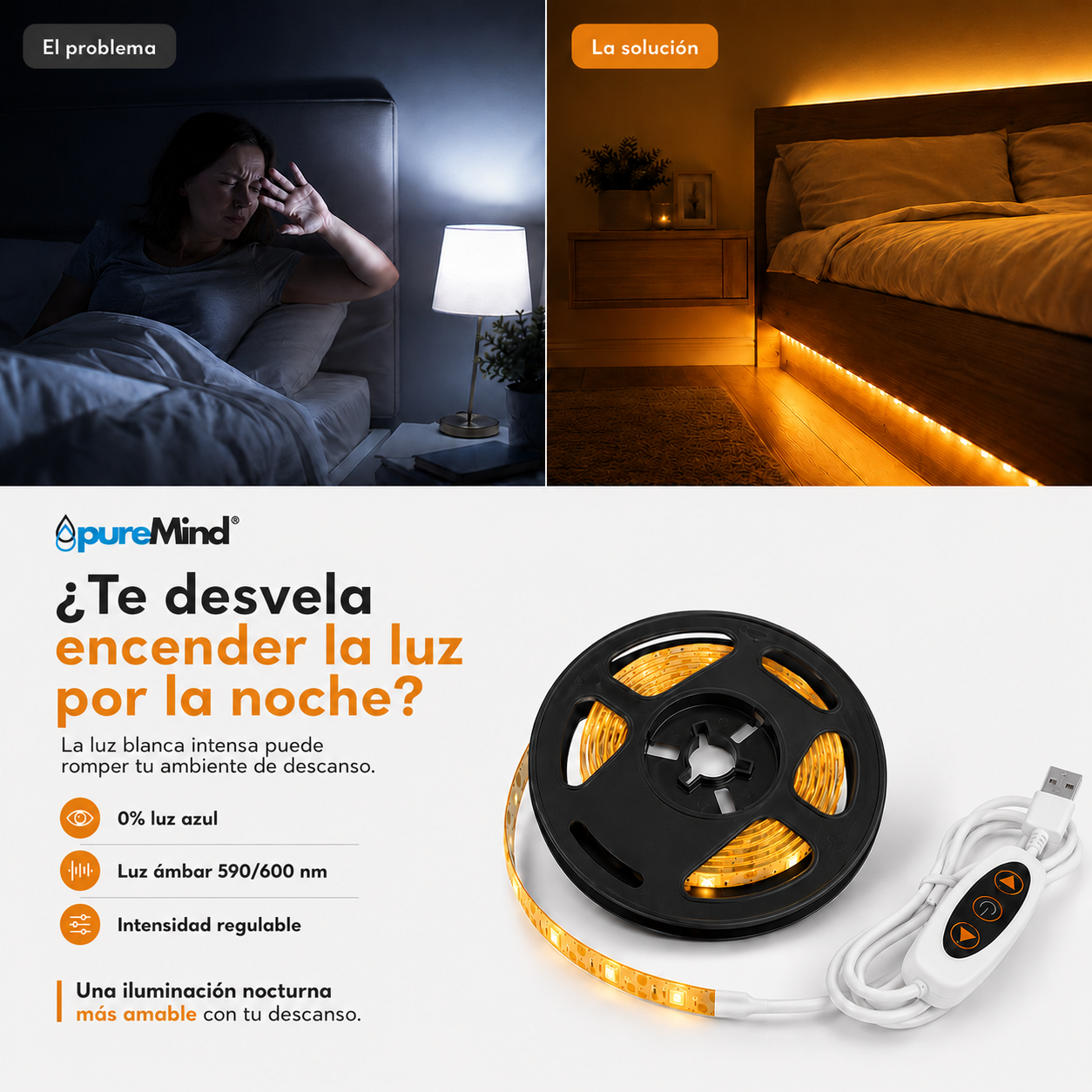 Tira LED PureMind Luz Roja / Luz Ámbar 1m – Iluminación Nocturna Sin Luz Azul
