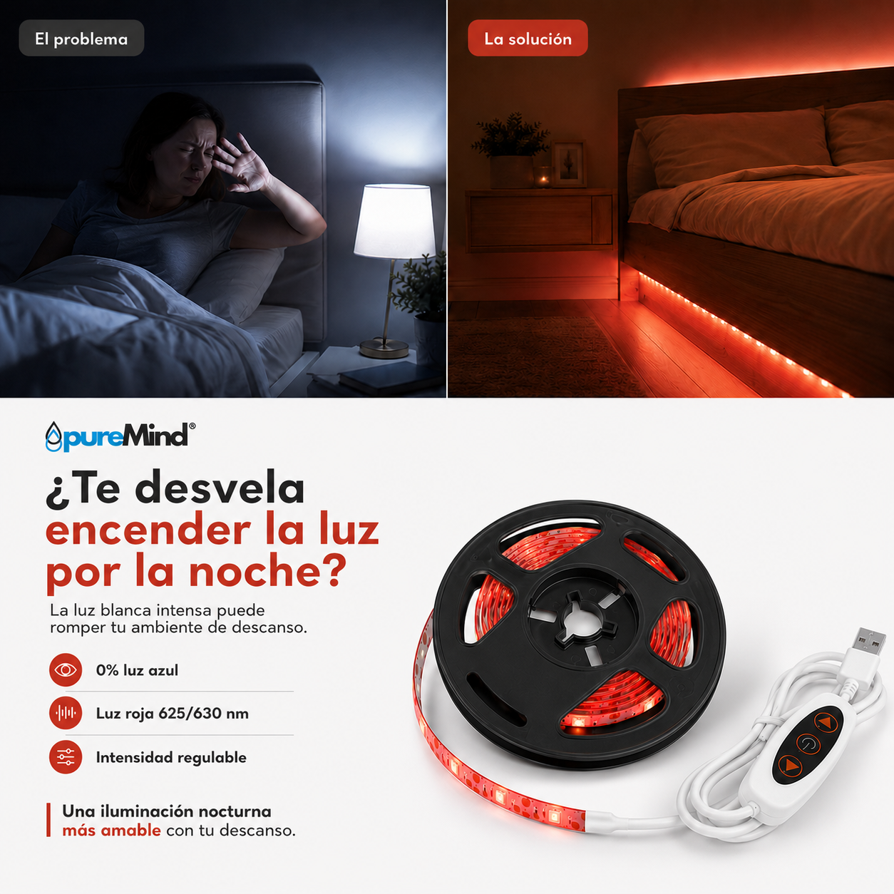 Tira LED PureMind Luz Roja / Luz Ámbar 1m – Iluminación Nocturna Sin Luz Azul