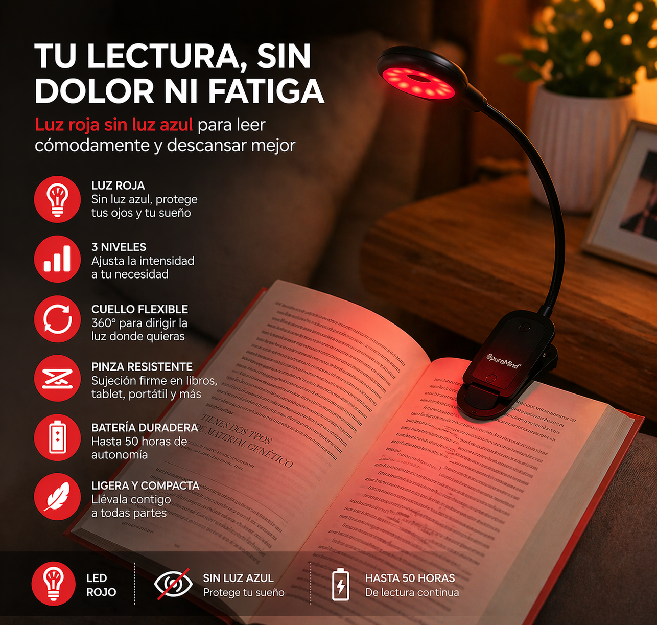 Luz de Lectura Roja Recargable