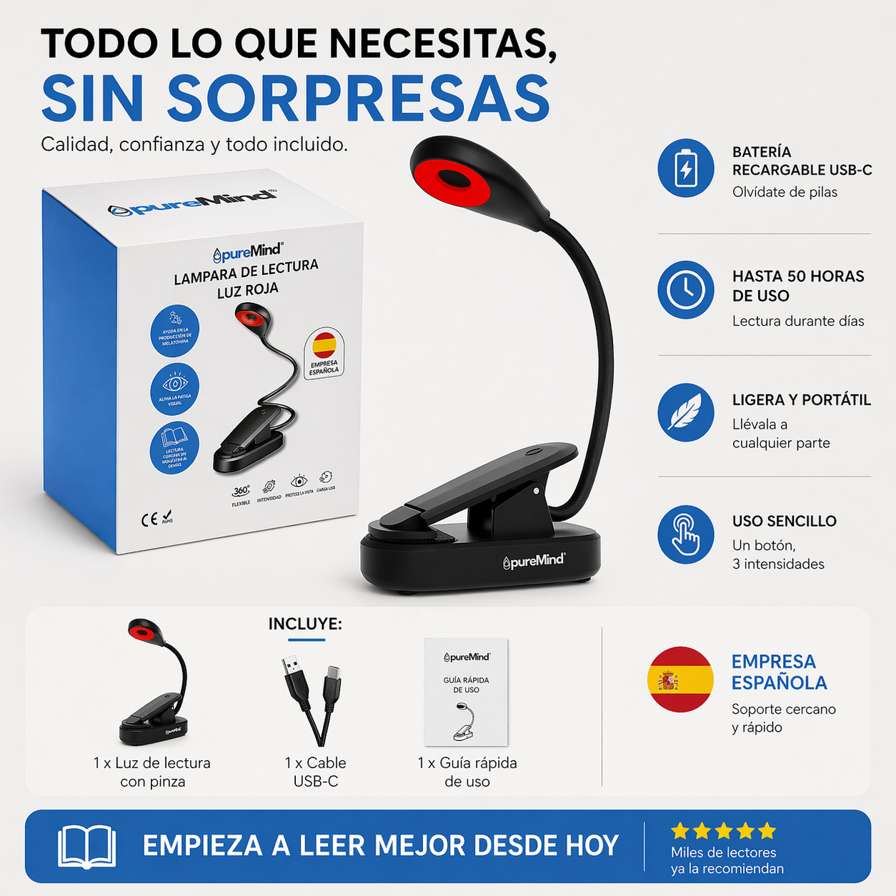 Luz de Lectura Roja Recargable