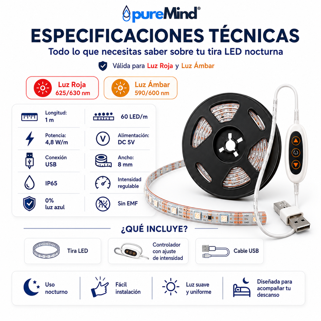 Tira LED PureMind Luz Roja / Luz Ámbar 1m – Iluminación Nocturna Sin Luz Azul