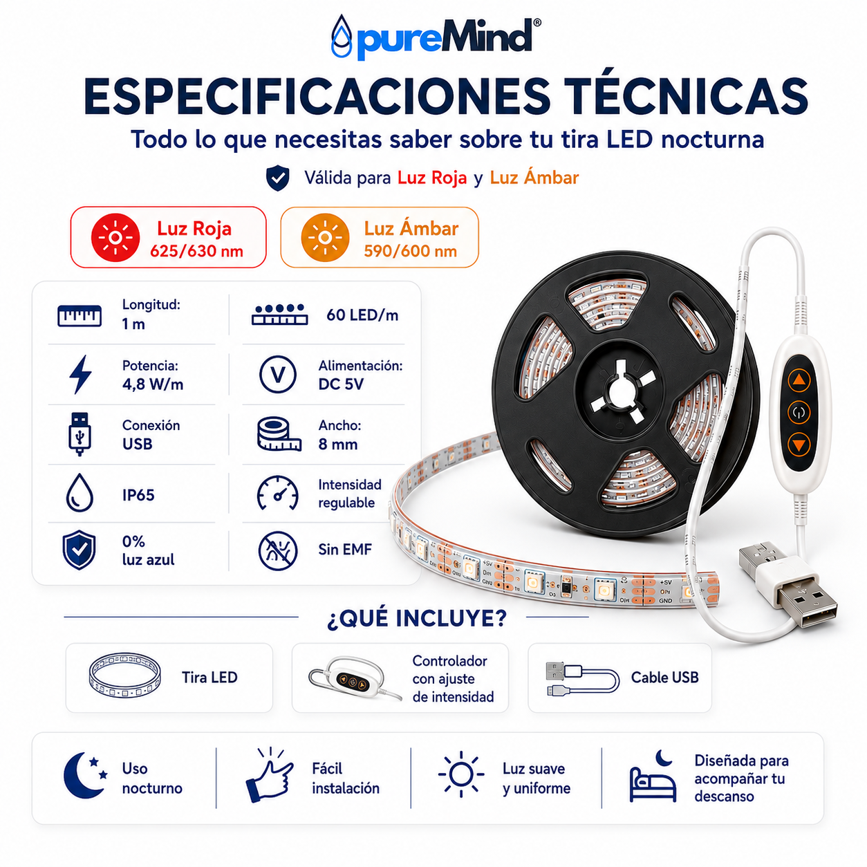 Tira LED PureMind Luz Roja / Luz Ámbar 1m – Iluminación Nocturna Sin Luz Azul