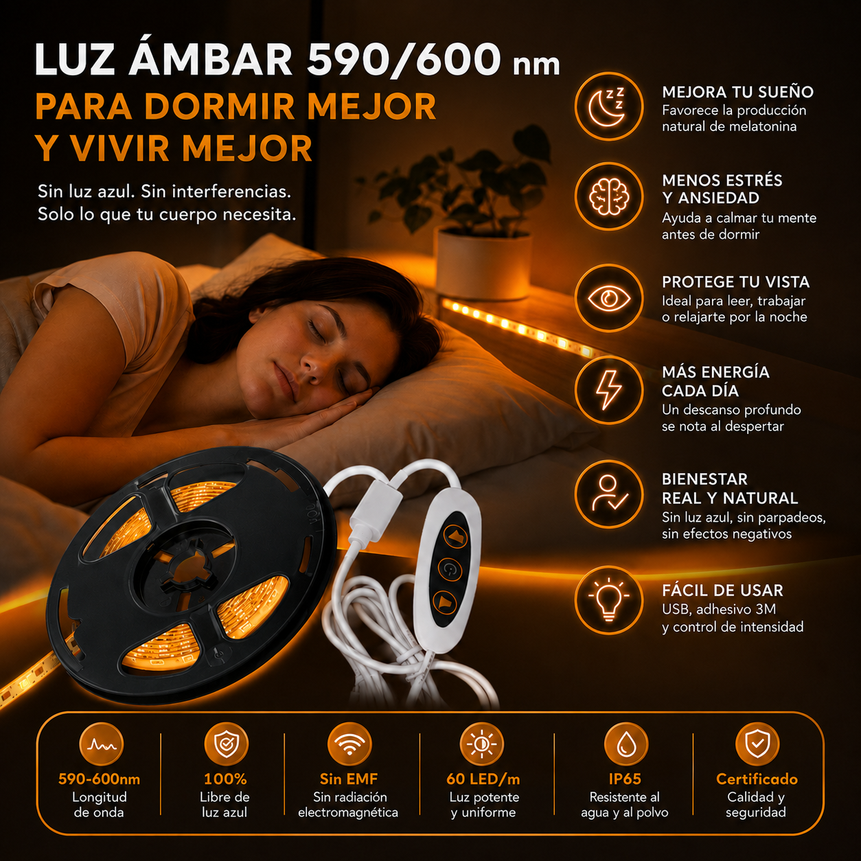 Tira LED PureMind Luz Roja / Luz Ámbar 1m – Iluminación Nocturna Sin Luz Azul