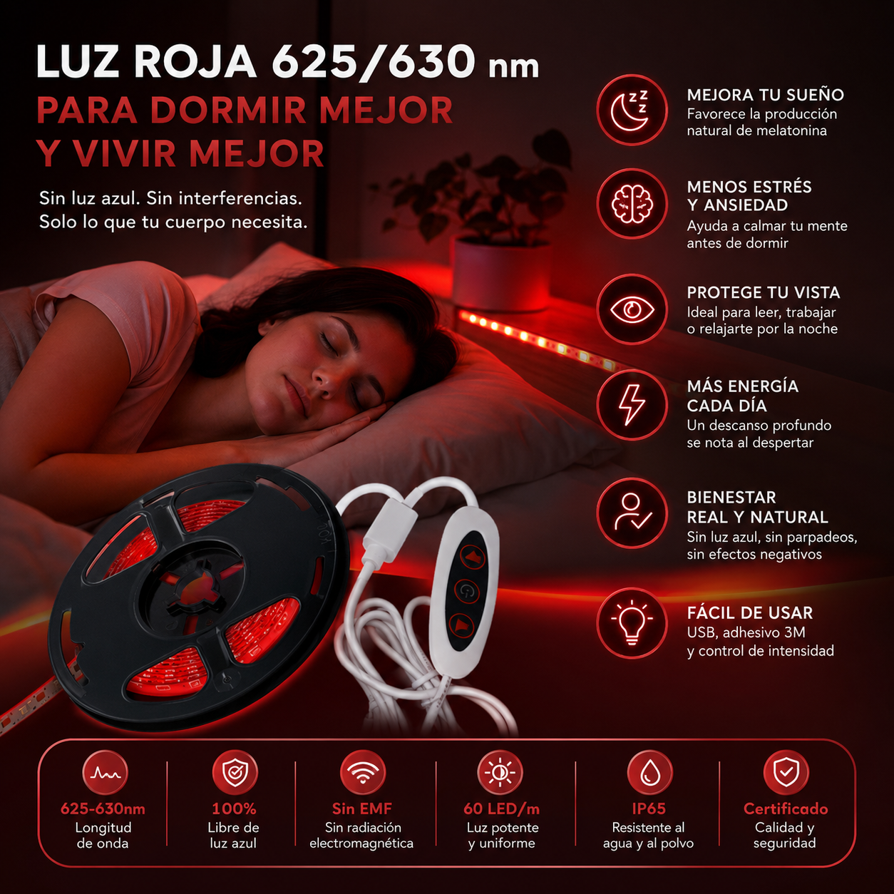 Tira LED PureMind Luz Roja / Luz Ámbar 1m – Iluminación Nocturna Sin Luz Azul