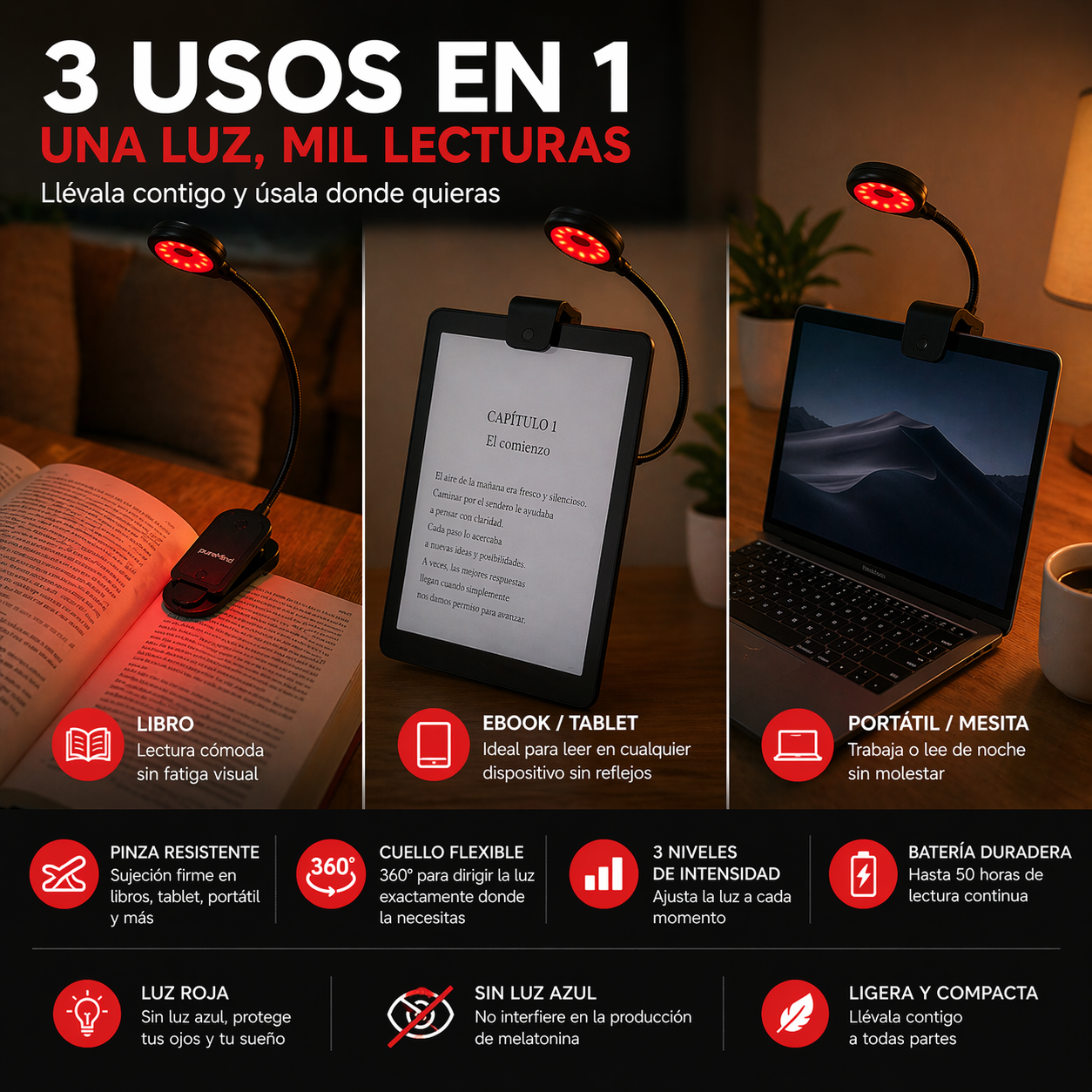 Luz de Lectura Roja Recargable