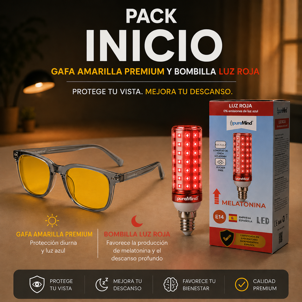 Pack Inicio – Gafas Amarillas Premium + Bombilla Roja Standard
